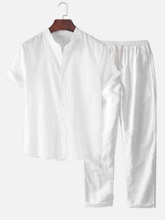 Short Sleeve Linen-Style Basic Shirts & Straight Leg Linen Trousers