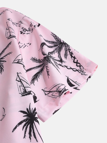 Button-Up Shirt with Palm Tree and Sailboat Print