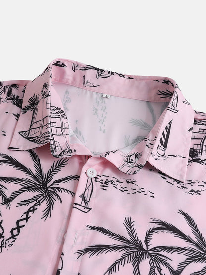 Button-Up Shirt with Palm Tree and Sailboat Print
