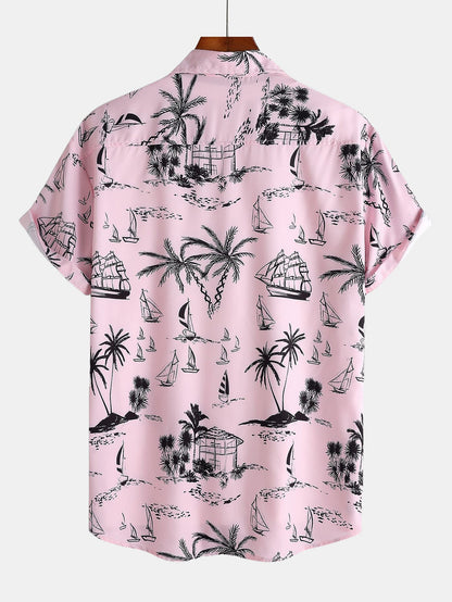 Button-Up Shirt with Palm Tree and Sailboat Print