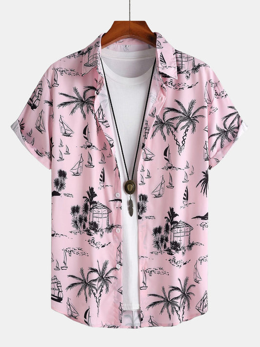Button-Up Shirt with Palm Tree and Sailboat Print
