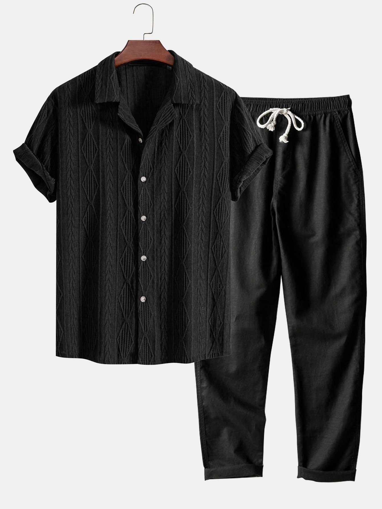 Geometric Jacquard Cuban Collar Shirt with Straight-Leg Linen Trousers