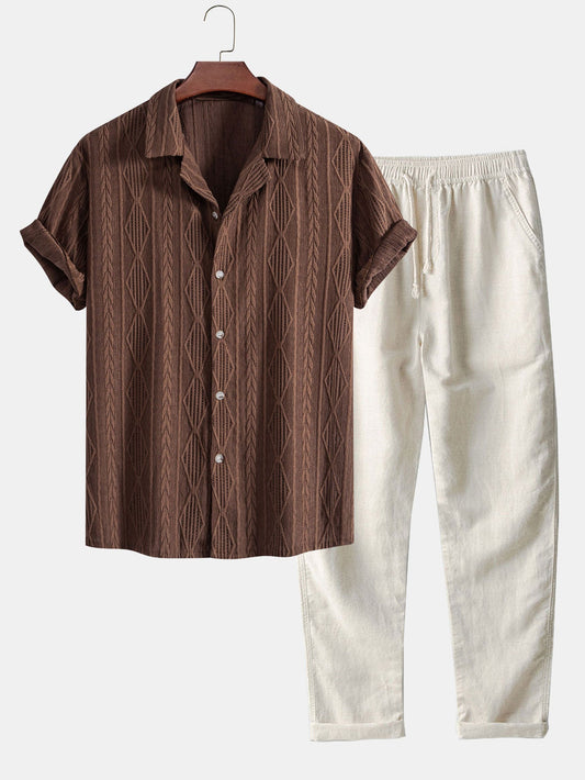 Geometric Jacquard Cuban Collar Shirt with Straight-Leg Linen Trousers