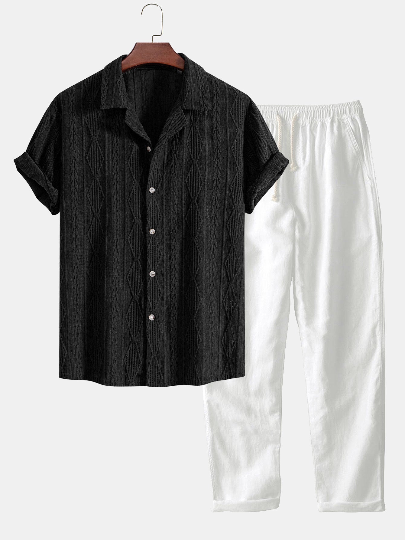 Geometric Jacquard Cuban Collar Shirt with Straight-Leg Linen Trousers