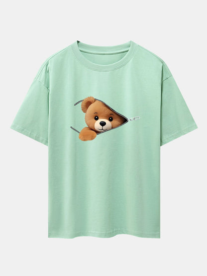 Oversized Drop Shoulder T-Shirt with Zipper Bear Print