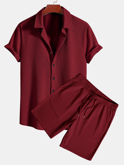 Ribbed Button-Up Shirt and Shorts Set in Muscle Fit
