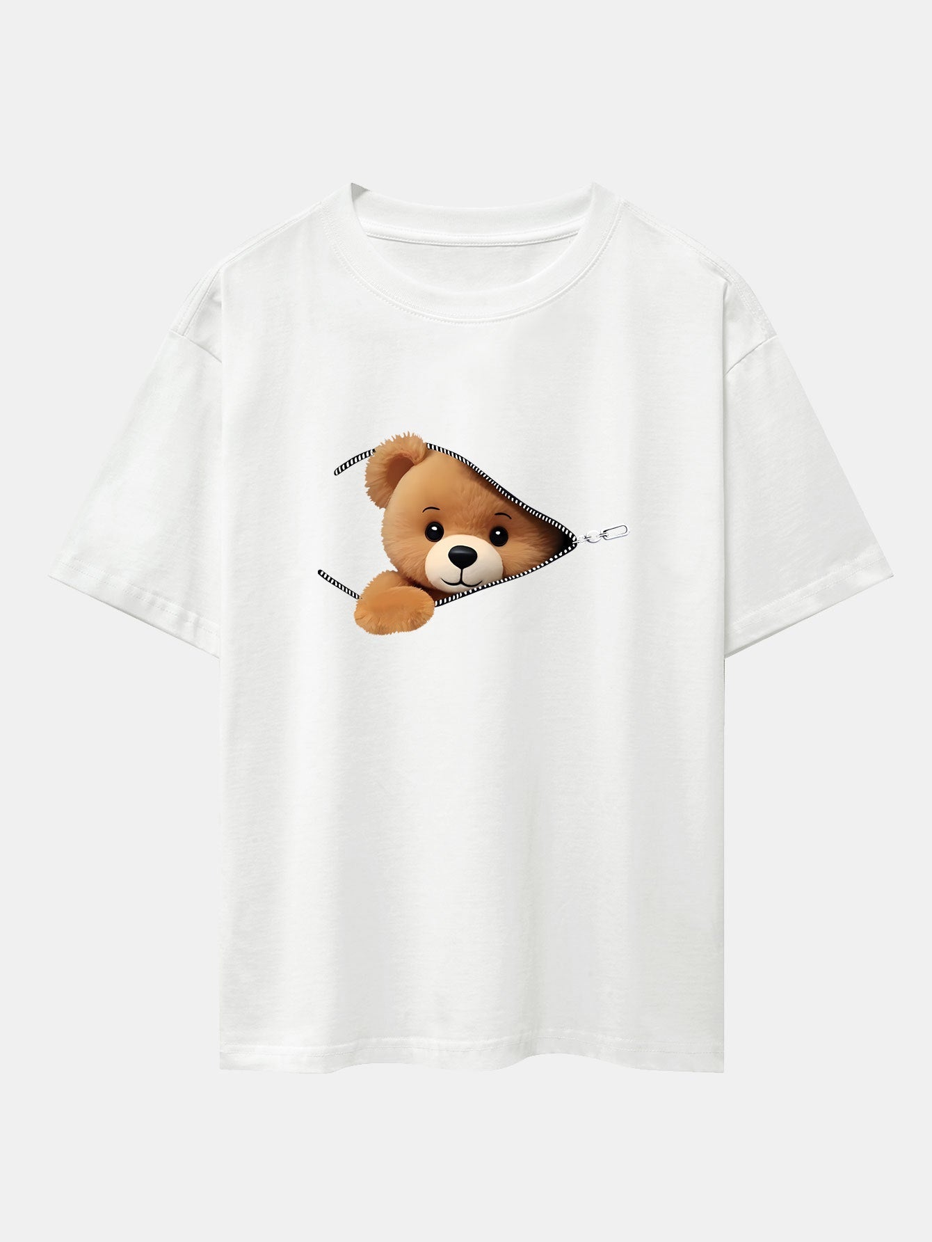 Oversized Drop Shoulder T-Shirt with Zipper Bear Print