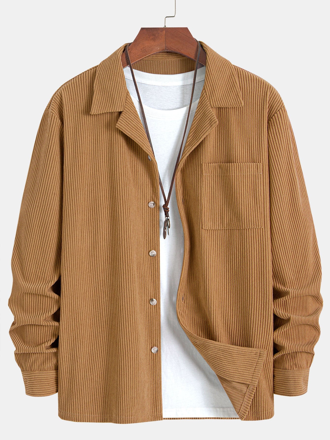 Corduroy Cuban Collar Shirt with Long Sleeves