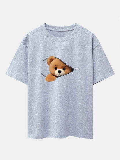 Oversized Drop Shoulder T-Shirt with Zipper Bear Print
