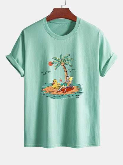 Regular Fit Cotton T-Shirt with Skeleton Vacation Print