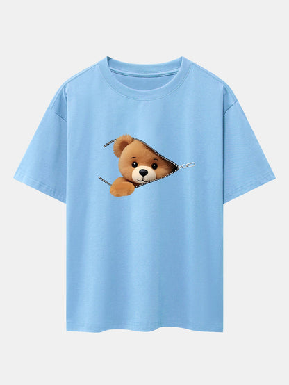 Oversized Drop Shoulder T-Shirt with Zipper Bear Print