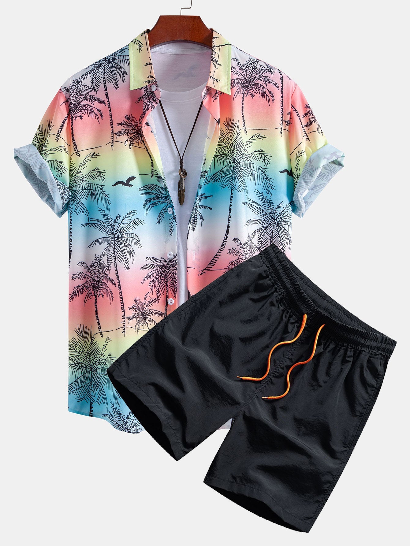 Button-Up Shirt and Swim Shorts Set with Palm Tree and Seagull Print