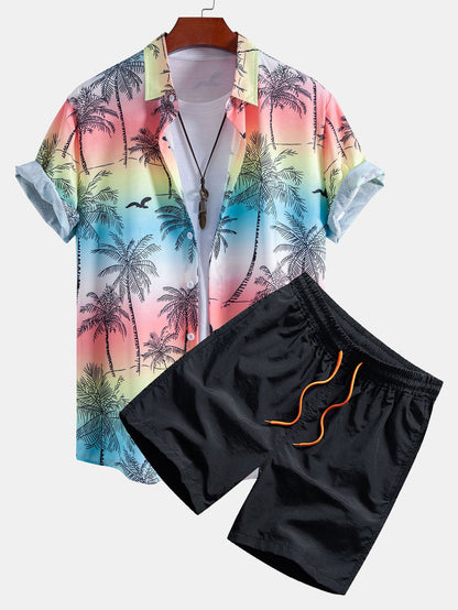 Button-Up Shirt and Swim Shorts Set with Palm Tree and Seagull Print