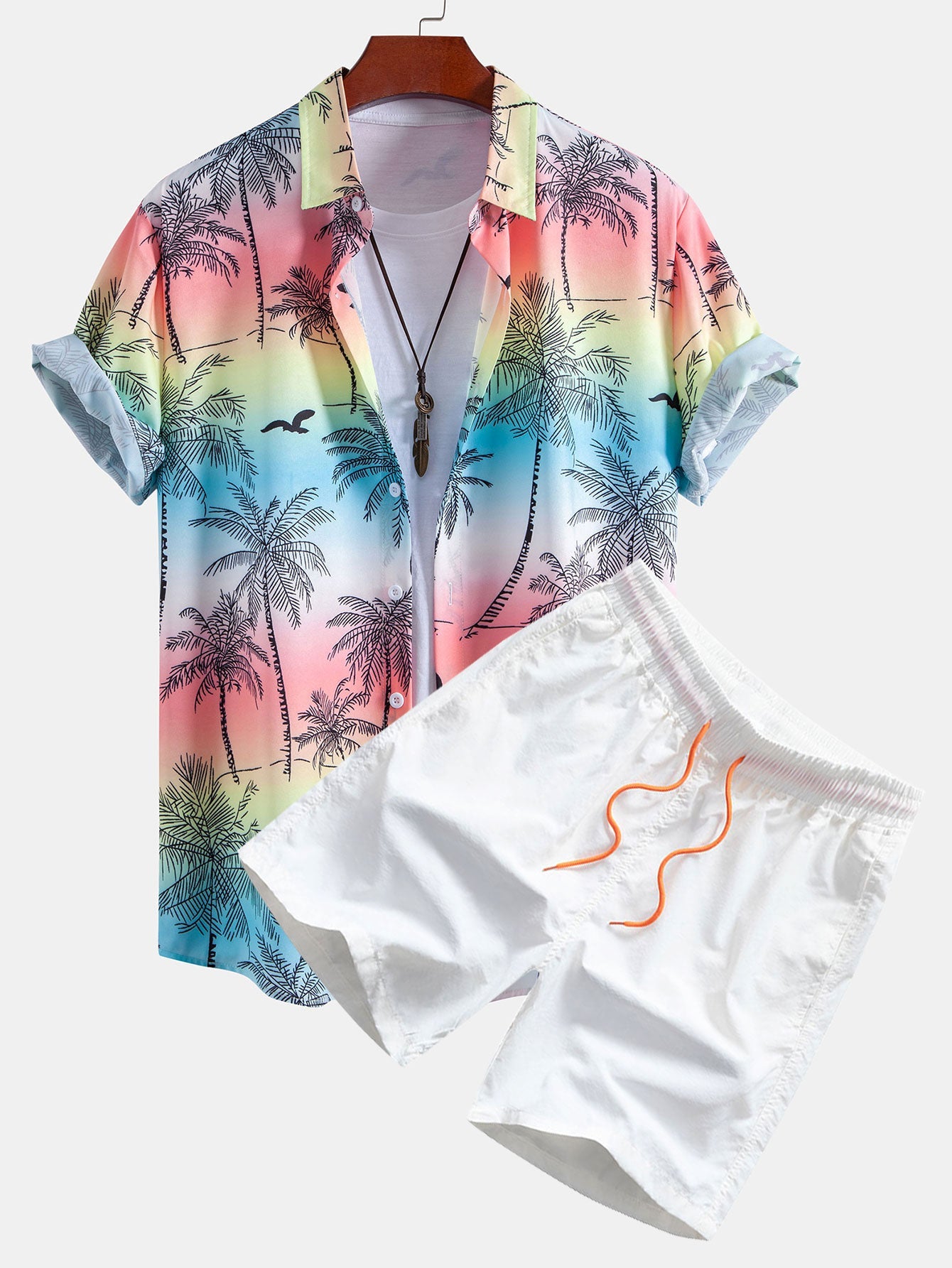 Button-Up Shirt and Swim Shorts Set with Palm Tree and Seagull Print