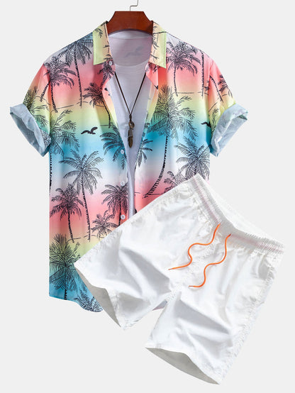Button-Up Shirt and Swim Shorts Set with Palm Tree and Seagull Print