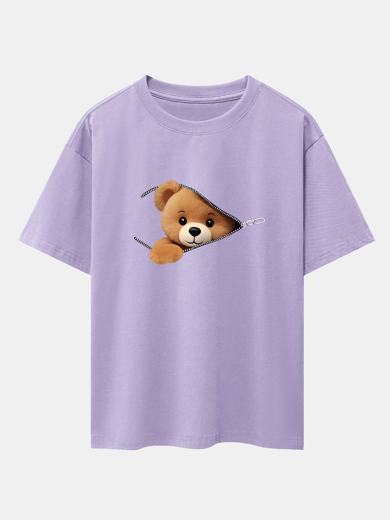 Oversized Drop Shoulder T-Shirt with Zipper Bear Print