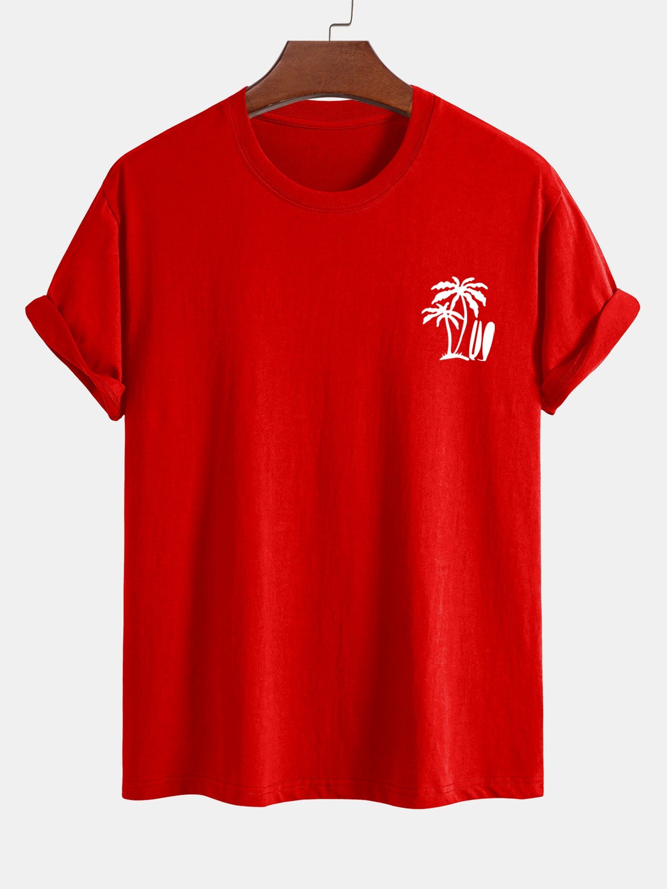 Classic Fit Cotton T-Shirt with Palm Tree Surfboard Design