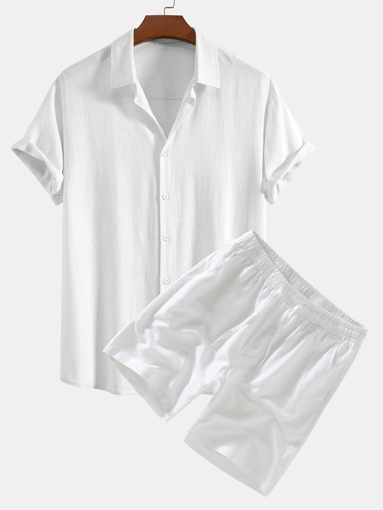 Button-Up Shirt and Drawstring Shorts Set in Linen-Rayon Blend