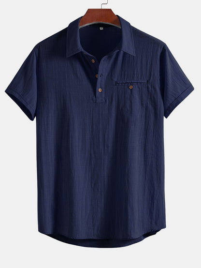 Short Sleeve Polo Shirt with Linen Look and Collar