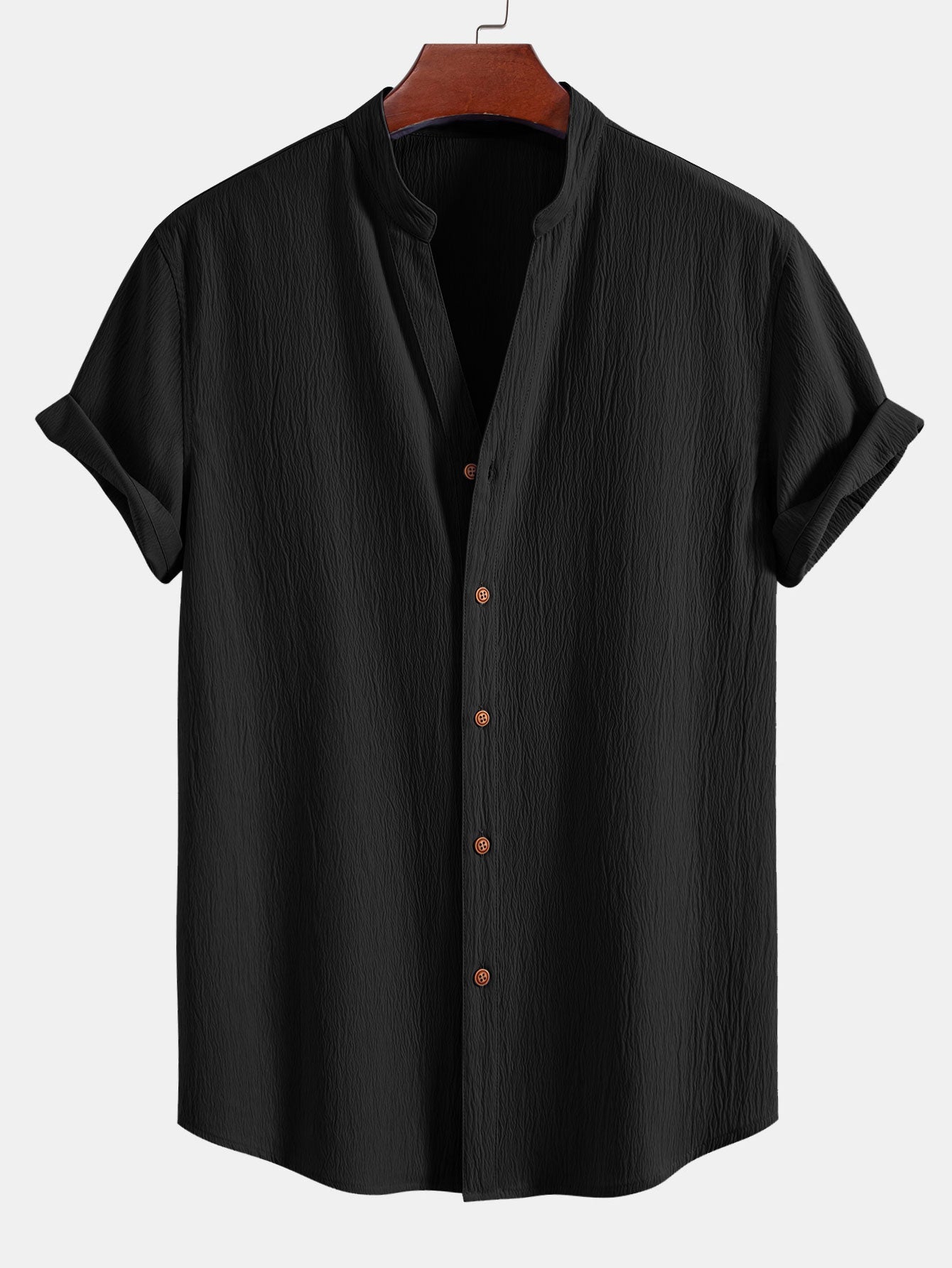 Textured V-Neck Shirt & Straight Leg Pants with Wrinkle Finish