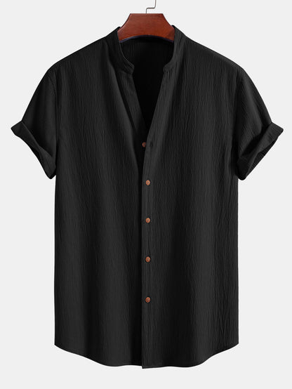 Textured V-Neck Shirt & Straight Leg Pants with Wrinkle Finish