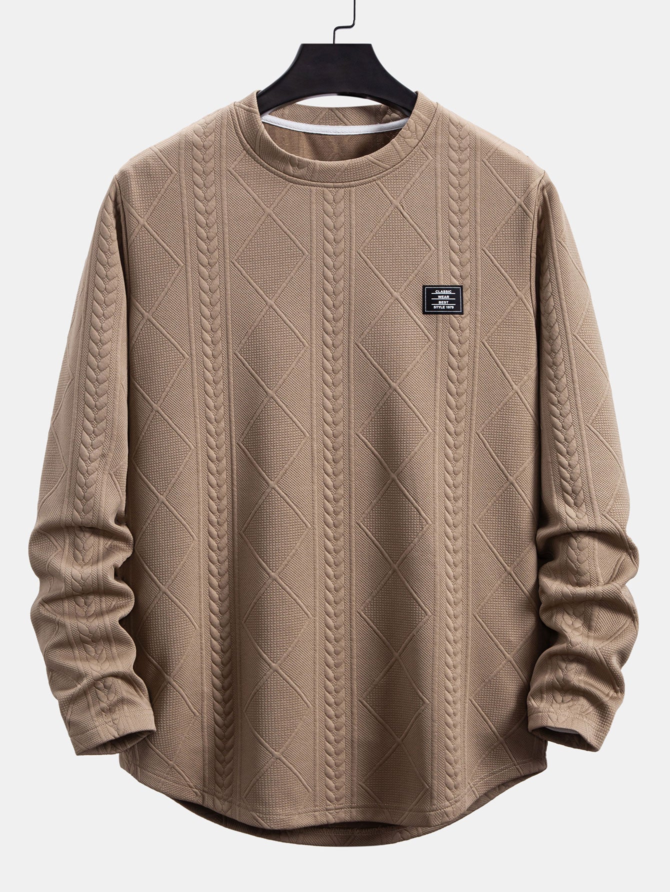 Geometric Jacquard Long Sleeve T-Shirt with Arc Hem