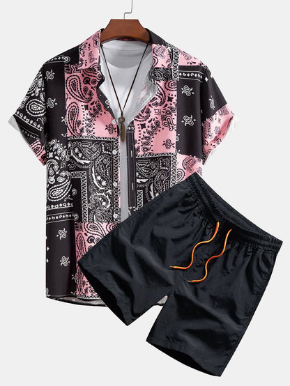 Paisley Print Button-Up Shirt with Coordinating Swim Shorts - Unique Pattern Design
