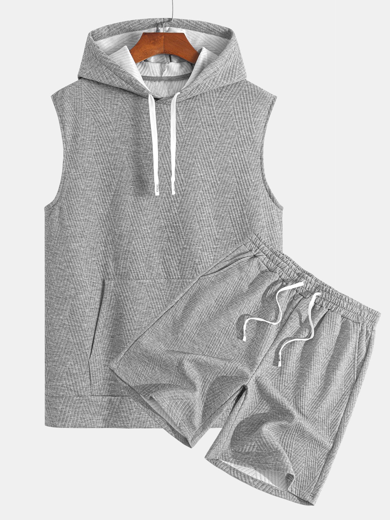 Striped Jacquard Sleeveless Hoodie and Shorts Set