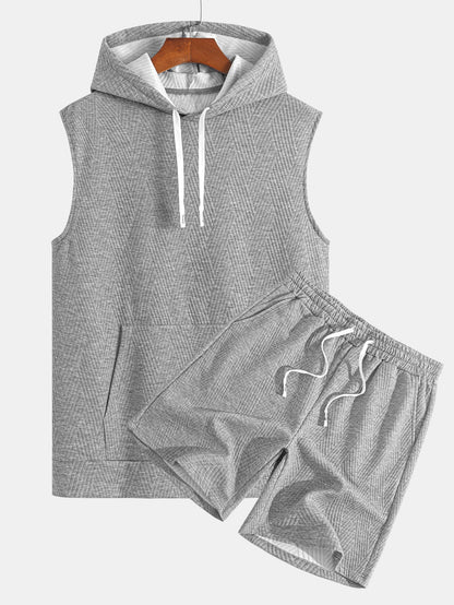 Striped Jacquard Sleeveless Hoodie and Shorts Set
