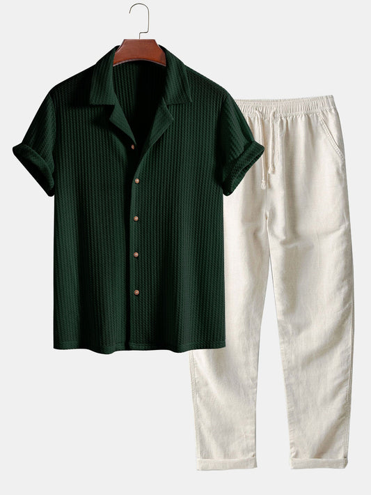 Cuban Collar Short Sleeve Waffle Knit Shirt with Straight Leg Linen Trousers