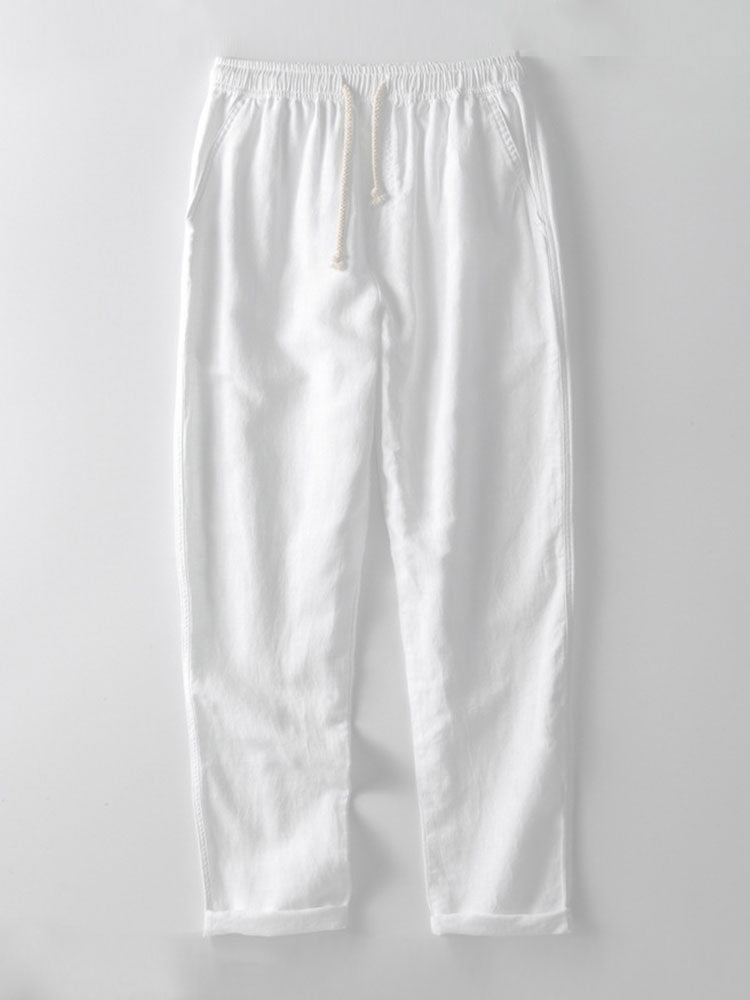 Short Sleeve Stand Collar Top & Straight Leg Linen Trousers