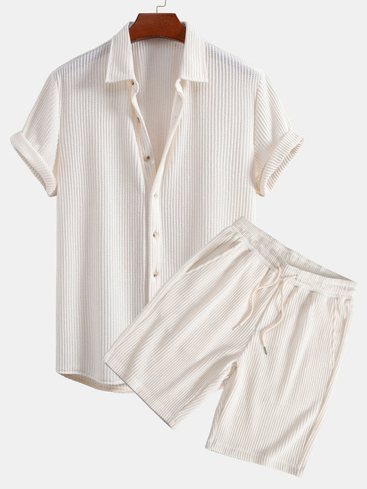 Waffle Button-Up Shirt with Matching Drawstring Waffle Shorts