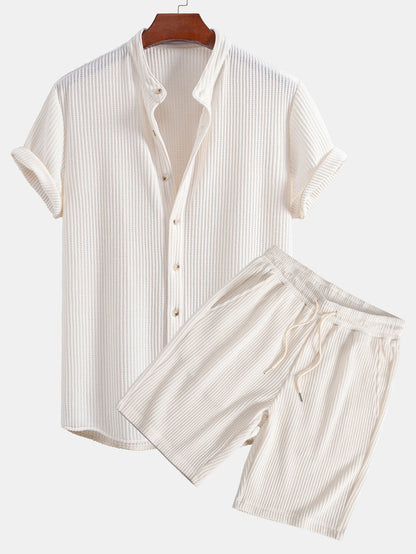 Waffle Textured Stand Collar Shirt & Drawstring Waffle Shorts Set
