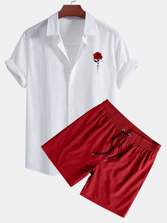 Red Rose Print Cotton Button-Up Shirt with Linen Look & Matching Swim Shorts
