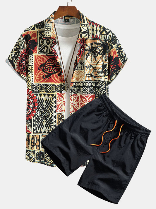 Button-Up Shirt and Swim Shorts Set with Palm Tree and Turtle Ethnic Geometric Print