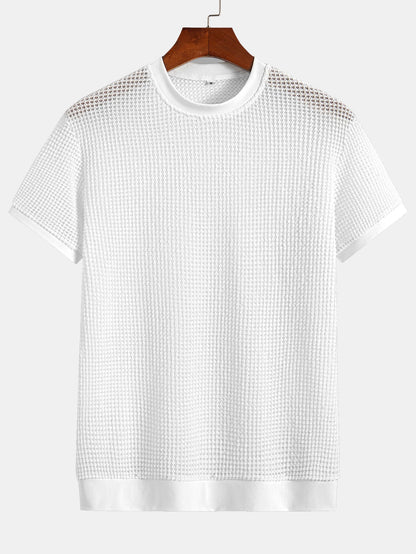 Short Sleeve Waffle Knit T-Shirt with Ribbed Hem