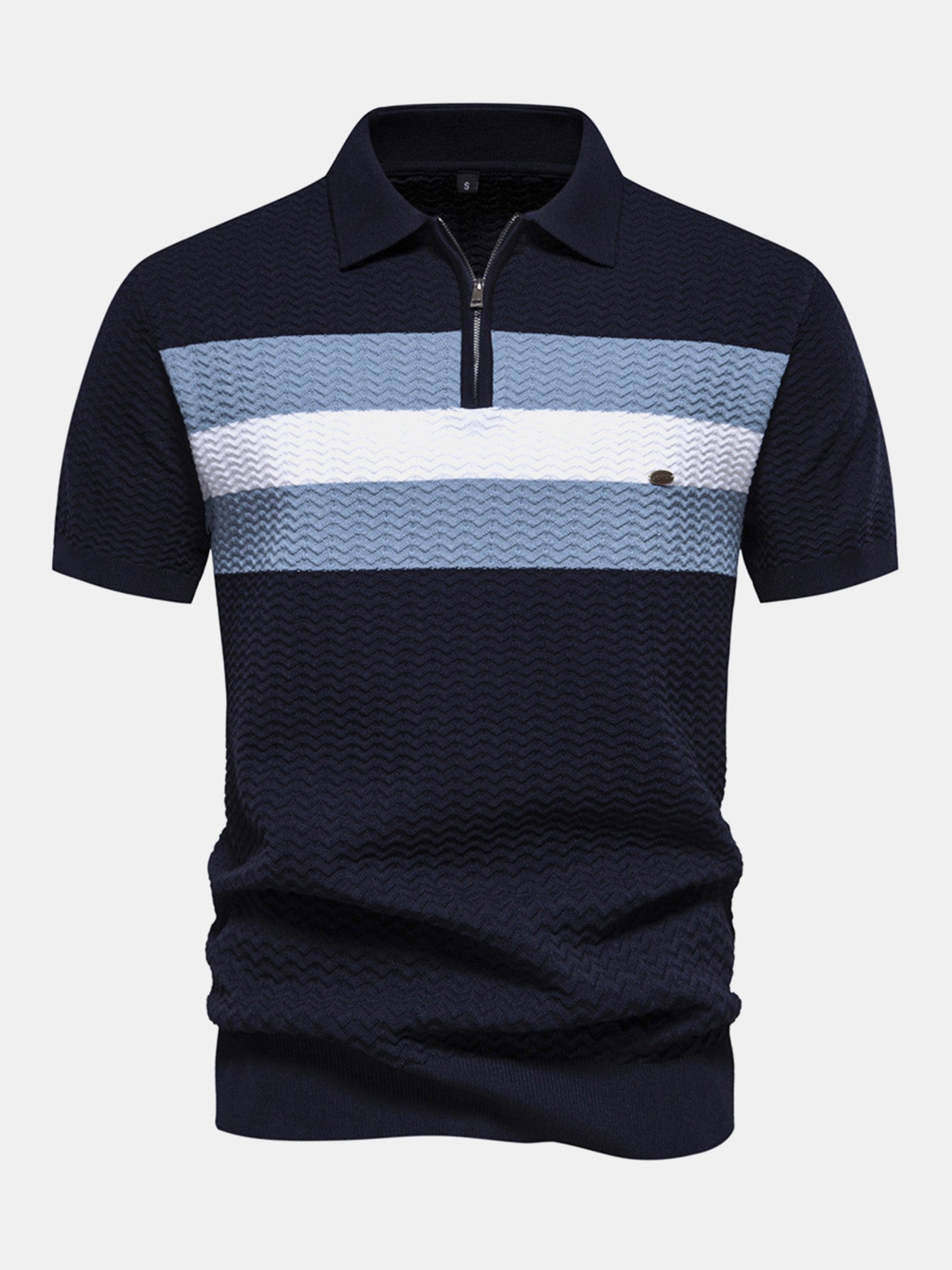 Textured Jacquard Knit Zip-Up Polo with Contrast Details