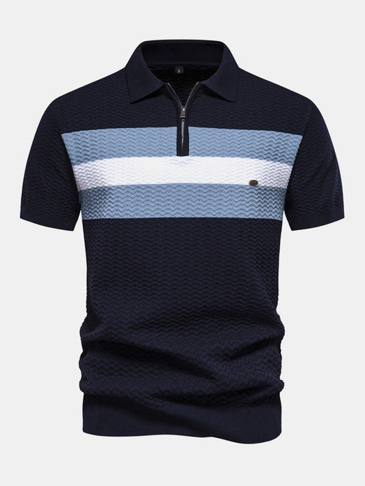 Textured Jacquard Knit Zip-Up Polo with Contrast Details