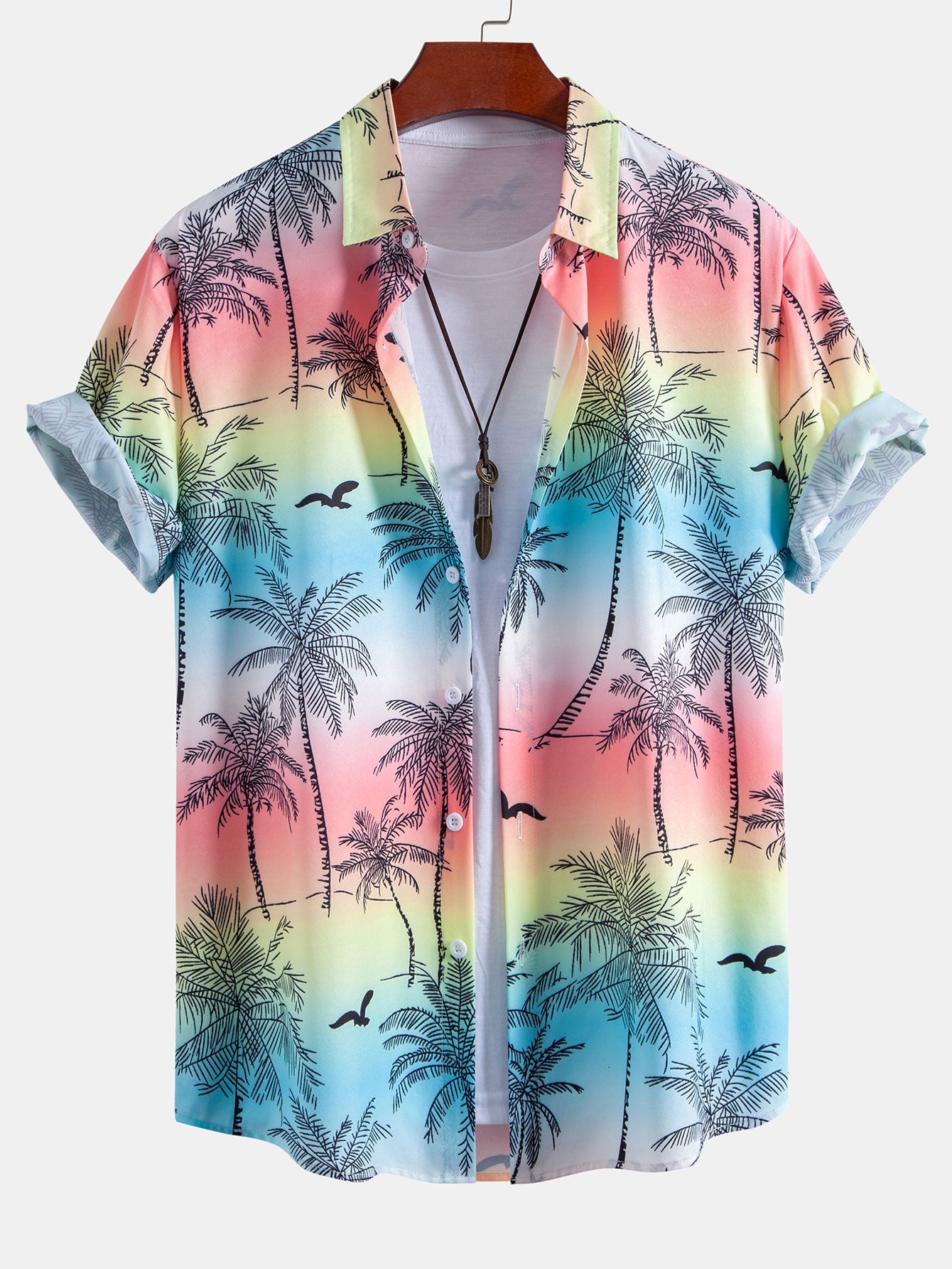 Button-Up Shirt and Swim Shorts Set with Palm Tree and Seagull Print
