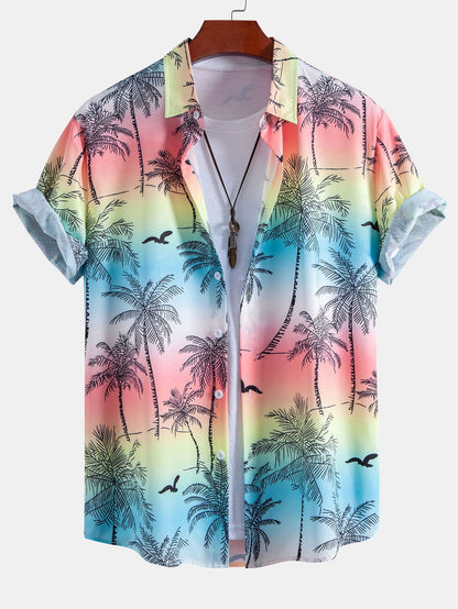 Button-Up Shirt and Swim Shorts Set with Palm Tree and Seagull Print