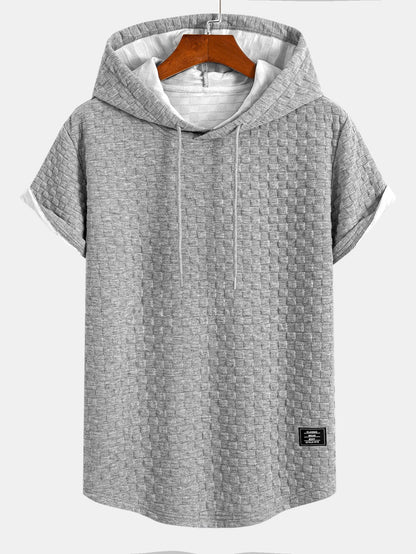 Checkerboard Jacquard Hooded T-Shirt with Arc Hem