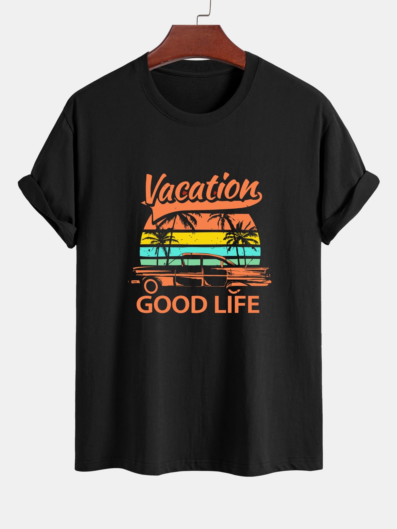 Regular Fit Cotton T-Shirt with 'Good Life On Vacation' Print & Men's Mid-Length Drawstring Swim Shorts