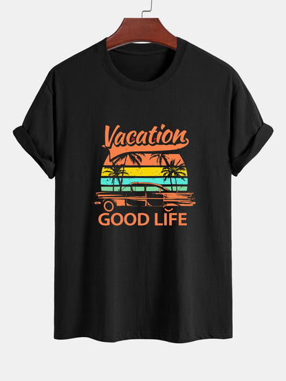 Regular Fit Cotton T-Shirt with 'Good Life On Vacation' Print & Men's Mid-Length Drawstring Swim Shorts