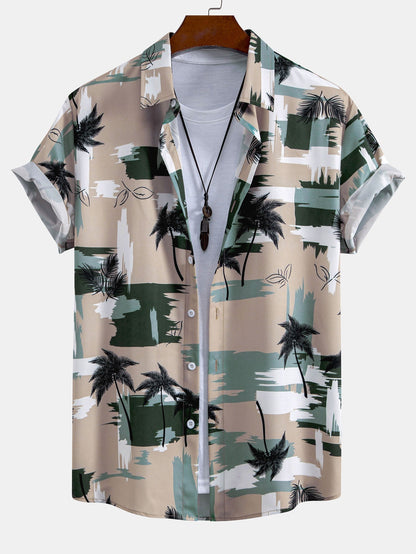 Button-Up Shirt & Swim Shorts Set with Palm Tree Color Block Design