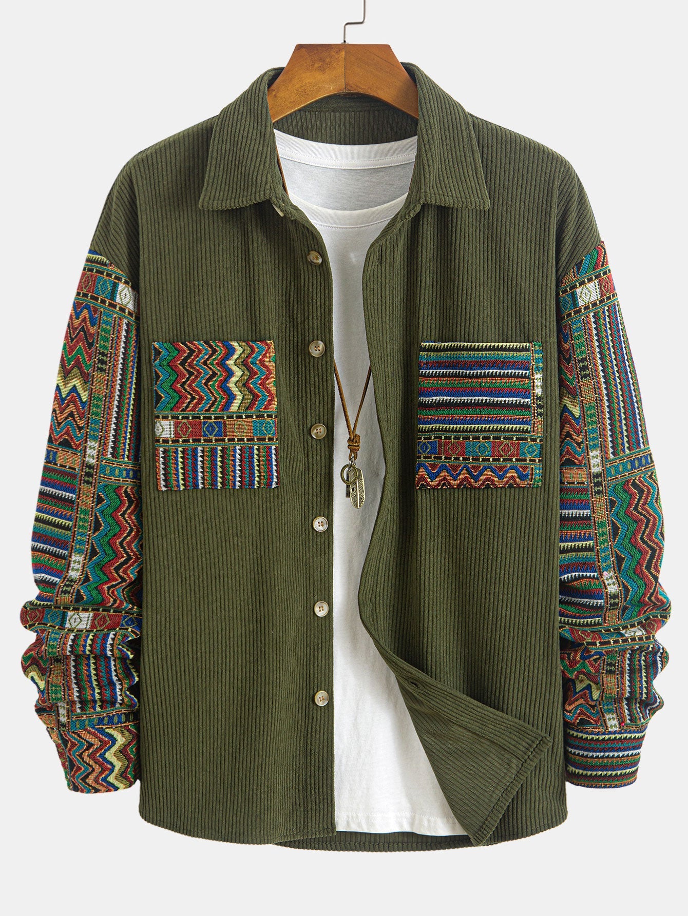 Relaxed Fit Ethnic Geometric Corduroy Patchwork Shirt - Unique Random Pattern Design