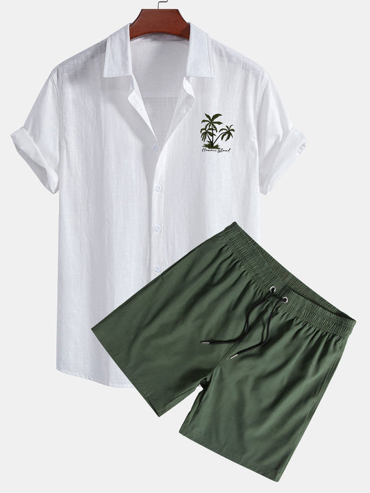 Hawaiian Palm Tree Print Cotton Button-Up Shirt & Swim Shorts Set