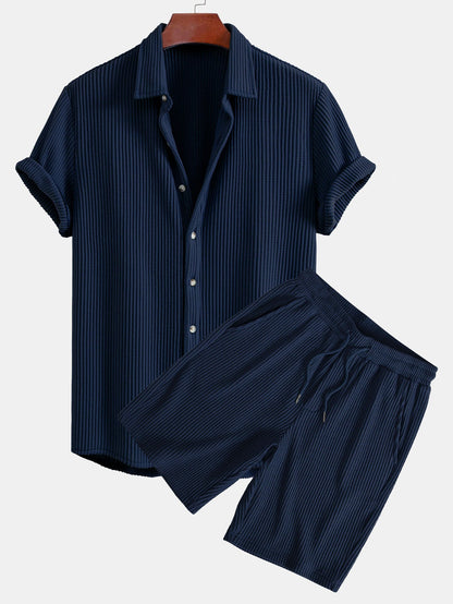 Waffle Knit Button-Up Shirt & Drawstring Waffle Shorts Set
