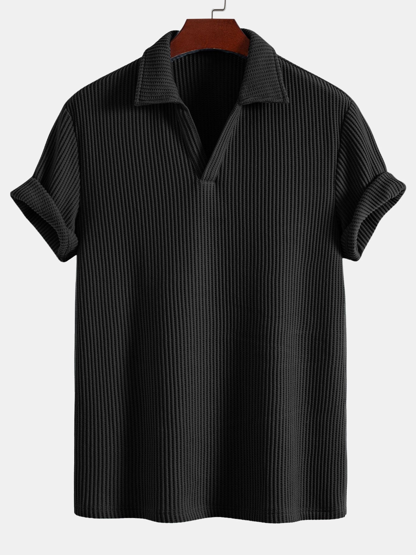 Short Sleeve Waffle V-Neck Polo with Matching Drawstring Knitted Waffle Shorts