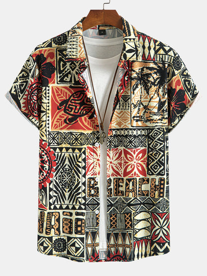 Button-Up Shirt & Swim Shorts Set with Palm Tree Turtle Ethnic Geometry Print