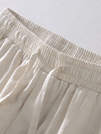 Striped Button-Up Shirt in Cotton Blend with Linen Drawstring Shorts